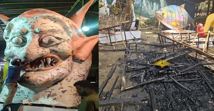 চারুকলায় আগুনে পুড়ল ‘ফ্যাসিস্টের প্রতিকৃতি’