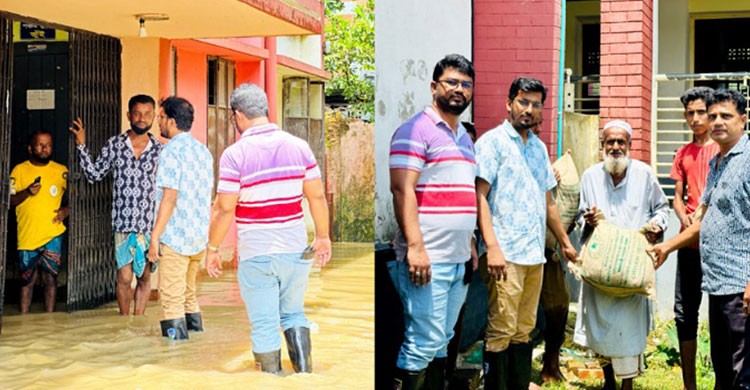 কুলাউড়ায় আশ্রয়কেন্দ্রে ঠাঁই নেওয়া ৩০ পরিবারের মধ্যে ত্রাণ বিতরণ