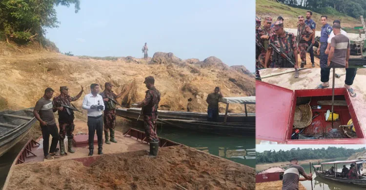 জৈন্তাপুরে সারি নদীর পাড় কেটে বালু উত্তোলন, বাল্কহেড ডুবিয়ে দিল প্রশাসন