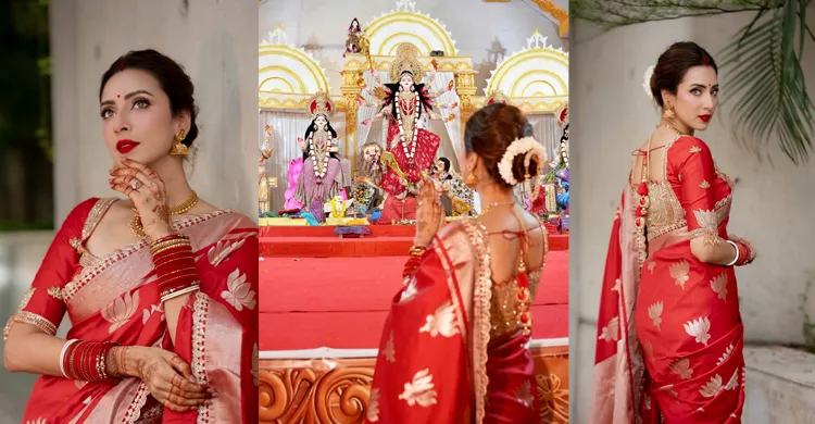 লাল শাড়িতে মুগ্ধতা ছড়ালেন মিম